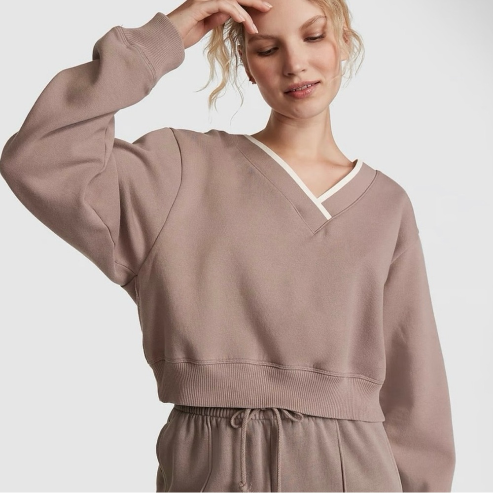 NWT Pink Victoria’s Secret Premium Fleece V-Neck Pullover - Iced Coffee